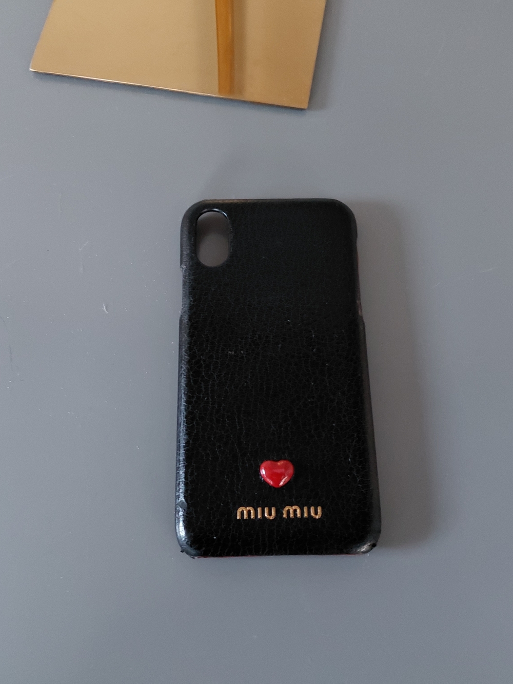 Miu Miu Black Leather iPhone Case with Red Heart Accent